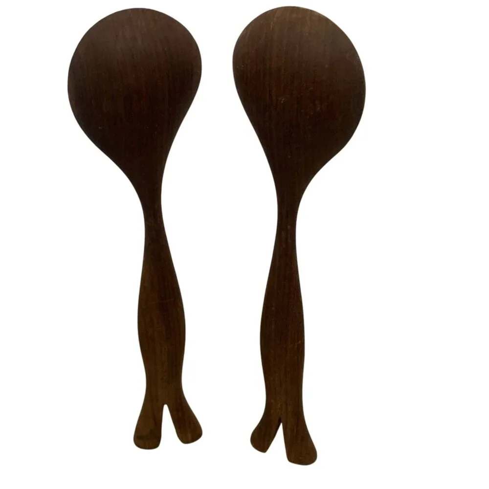 Artisan MCM Walnut Wood Salad Servers - Handcrafted Elegance Dances with Arugula